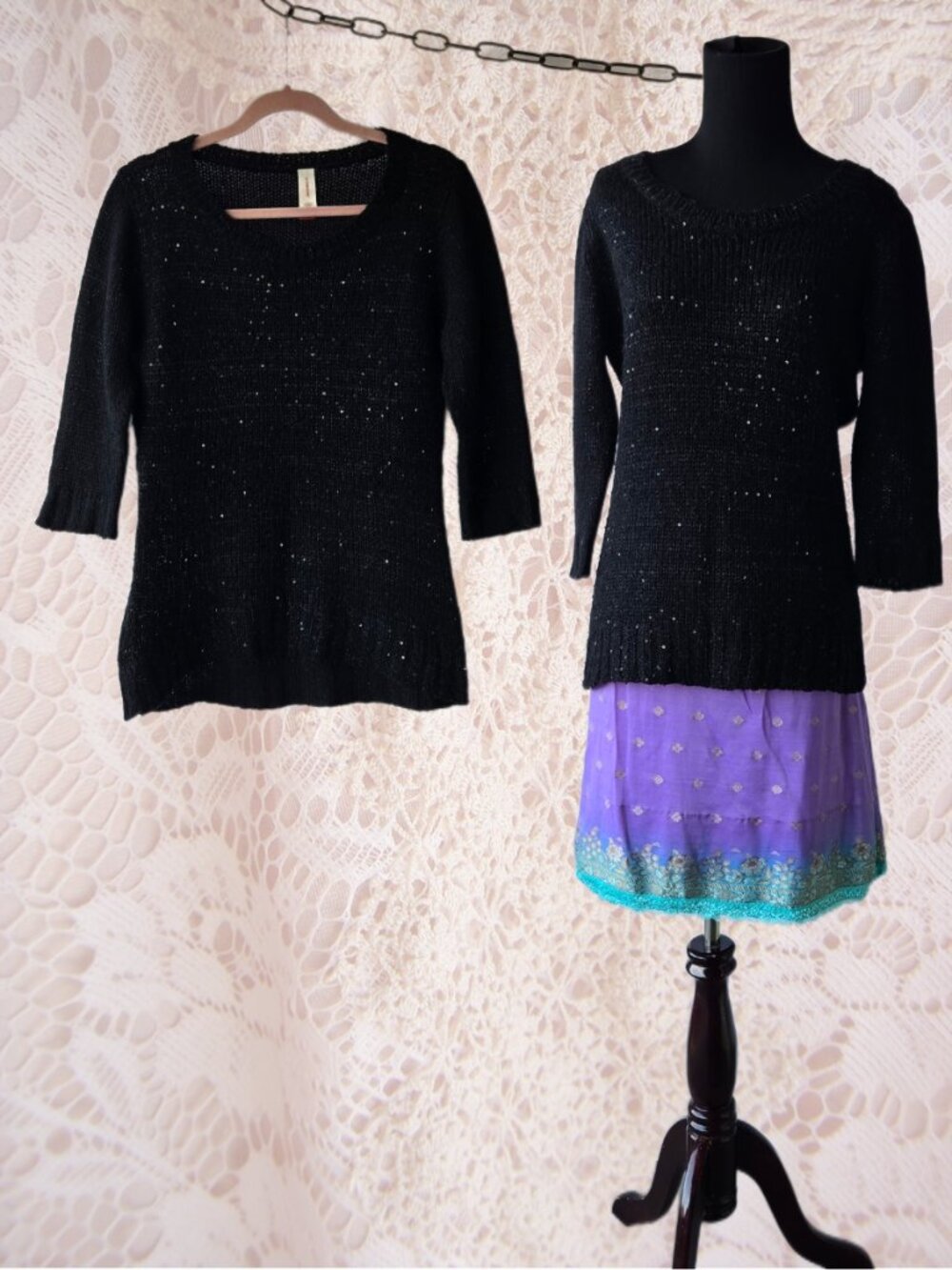 Shimmering Black Sequin Pullover Sweater Casual Glamour Cocktail Office Party XL
